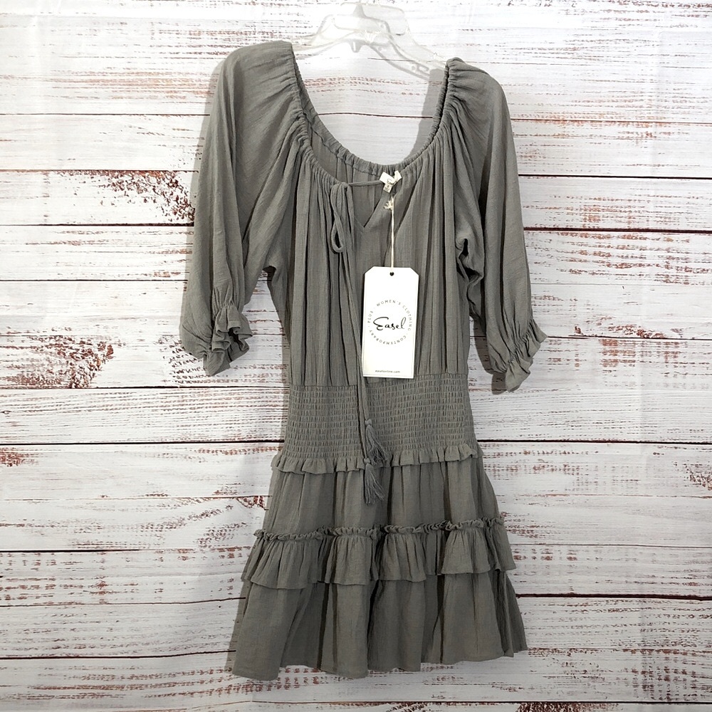 Easel Cloud Grey Smocked Ruffle Women's Cotton Dress Size small stretchey NWT